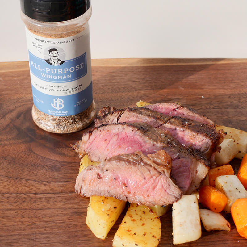 Hangar Bay Wingman All-Purpose seasoning with steak and vegetables, carrot and potatoes