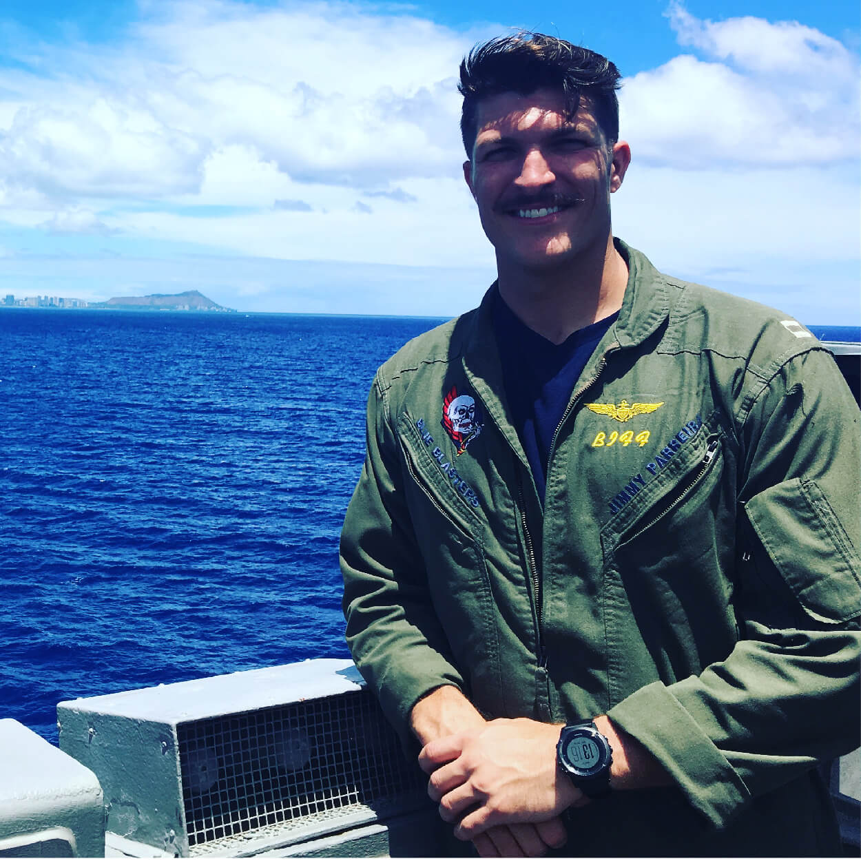 Hangar Bay Spice founder, BIFF out on a ship in the water in his green uniform