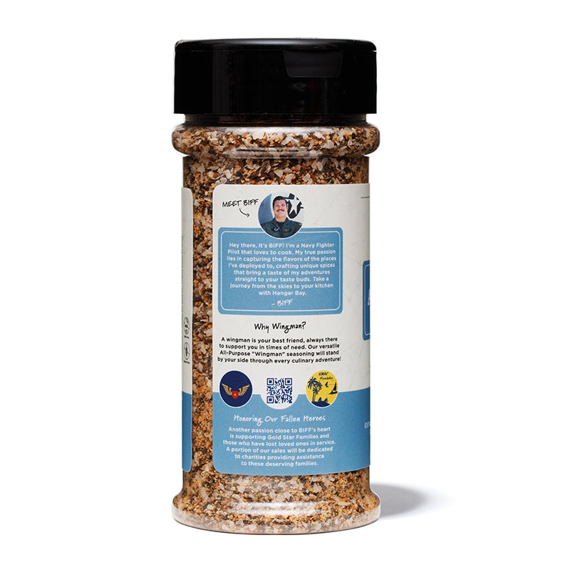 Image of Hangar Bay Spice, Wingman All-Purpose seasoning - blue and cream label with orange, white, black spice - Meet BIFF and Our Missions