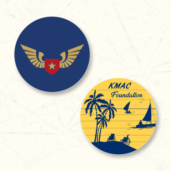 Hangar Bay Spice Mission seals for Wingman Foundation and KMAC Foundation on cream background with chart art